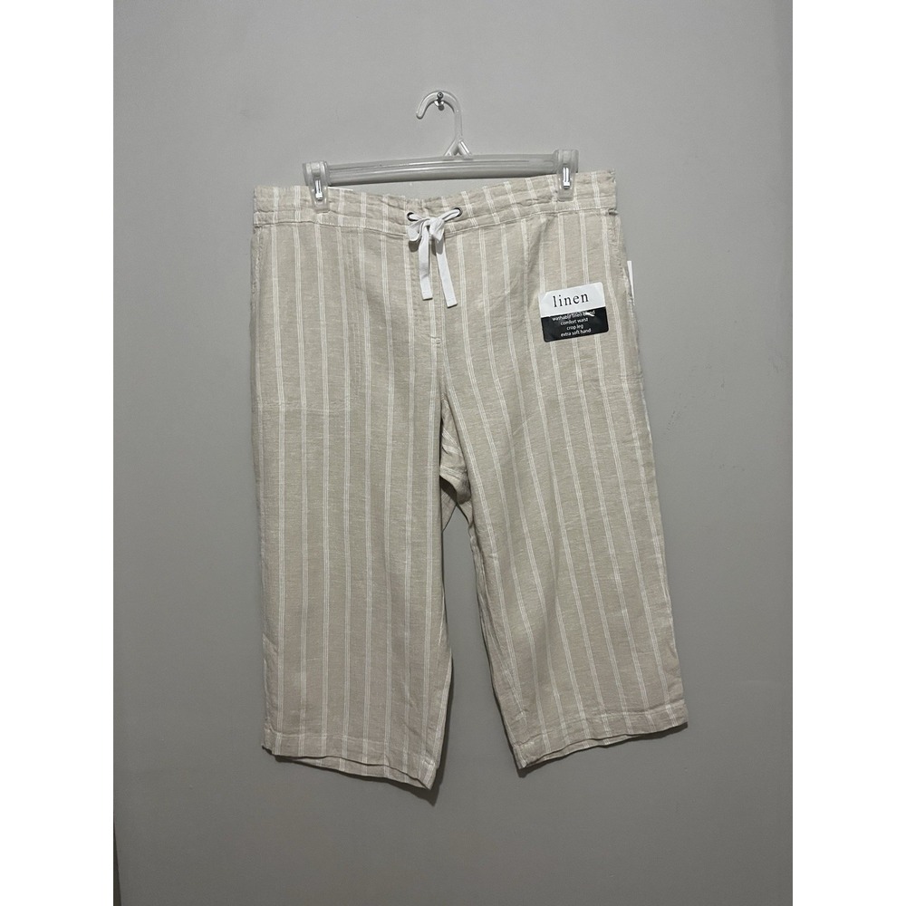 Dash Women's Linen Blend Capri Pants‎ Cream Blue Comfy Drawstring Sz XL Coastal